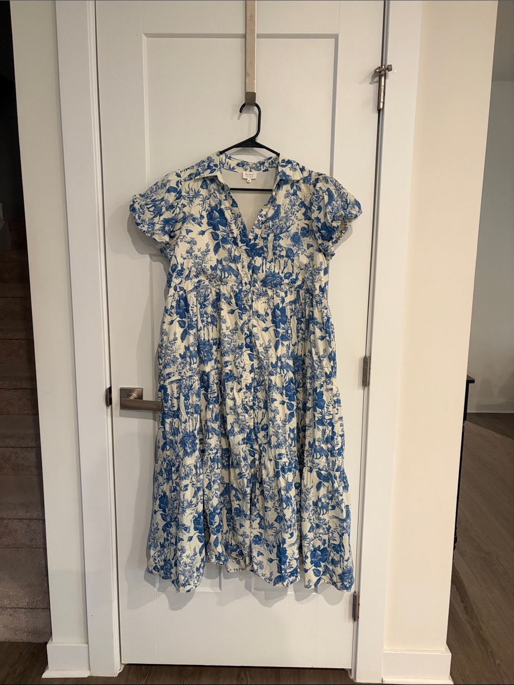Cream Maxi Dress with Blue Floral Print - Tiered V-Neck Maxi